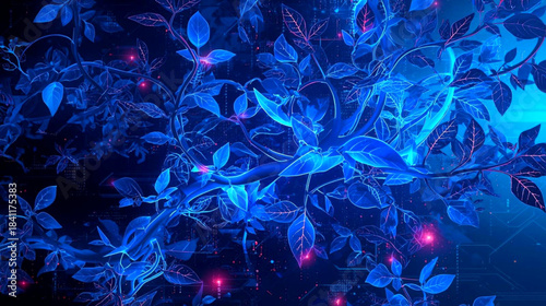 Vibrant Bioluminescent Botanical Network A Futuristic Digital Garden of Glowing Blue and Purple Flora with Energetic Red Nodes