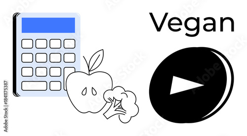 Nutritional tracking, healthy eating, vegan lifestyle, educational tools, food planning, diet guidance. A calculator, apple broccoli and play button. Nutritional tracking and healthy eating concept