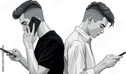 Digital Communication Disconnect: Two Young Men Back-to-Back Engaged in Phone Calls and Texting, Representing Modern Mobile Technology Use, Social Media, and the Paradox of Connectivity.