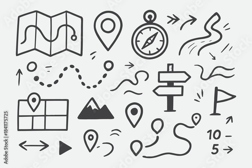 Hand-Drawn Map & Navigation Doodle Set – Direction Icons in Sketch Style