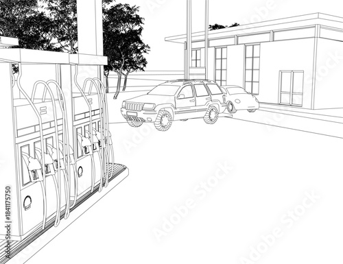 A vintage gas station with parked cars stands amid trees and buildings under a clear sky in this black and white landscape drawing.