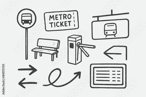 Urban Transit Sketch Icons – Hand-Drawn Public Transport Doodle Set