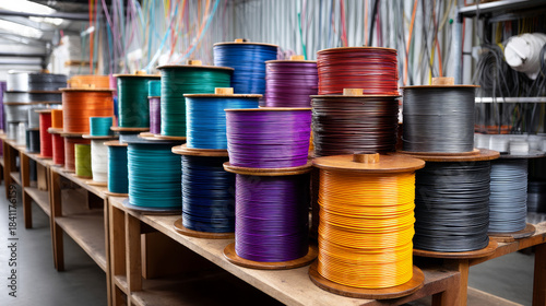 Spools of electrical wire in yellow, blue, purple, black and white: A close-up photo of spools of electrical wire, each wound with a different color of wire, in a warehouse.