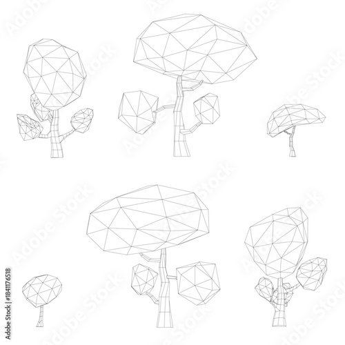 A collection of low poly wireframe trees with unique shapes and delicate branches.
