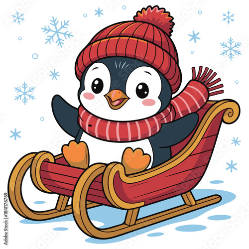 Adorable Penguin on Red Sled in Winter Cartoon Vector