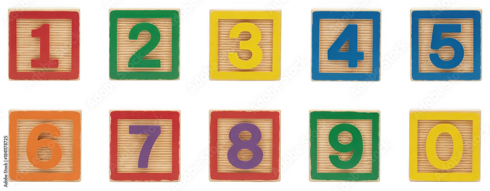 Fototapeta premium Wooden alphabet blocks with numbers one through nine and zero isolated on a transparent background