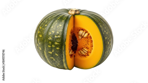 Green kabocha squash cut in half showing seeds and flesh
