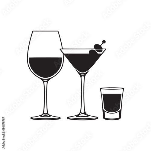new year's party drinks silhouette vector set, black and white alcoholic beverage icons collection, cocktail, wine, and martini glasses silhouettes