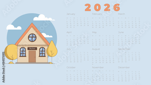 Flat-style 2026 calendar with cozy house illustration, trees, and clouds. Minimalist design ideal for planners, wall calendars, or seasonal stationery