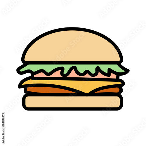 シンプルなハンバーガーを正面から描いたフラットデザインのイラストで軽食やファストフードを連想させる素材｜バンズとレタスとチーズの構成をわかりやすく表現した広告やメニューに使いやすい構図