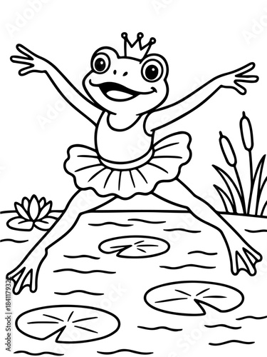 Ballet Frog's Graceful Leap: A whimsical illustration captures a charming frog in a tutu and crown, gracefully leaping over lily pads with outstretched arms.