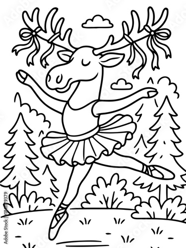 Ballerina Moose in Woodland: A whimsical illustration of a graceful moose in a ballet tutu and pointe shoes, dancing joyfully amidst a playful woodland scene.