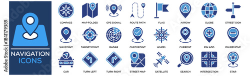Navigation Icon Collection Set. Containing Design Compass, Map Pin, Map Folded, GPS Signal, Route Path