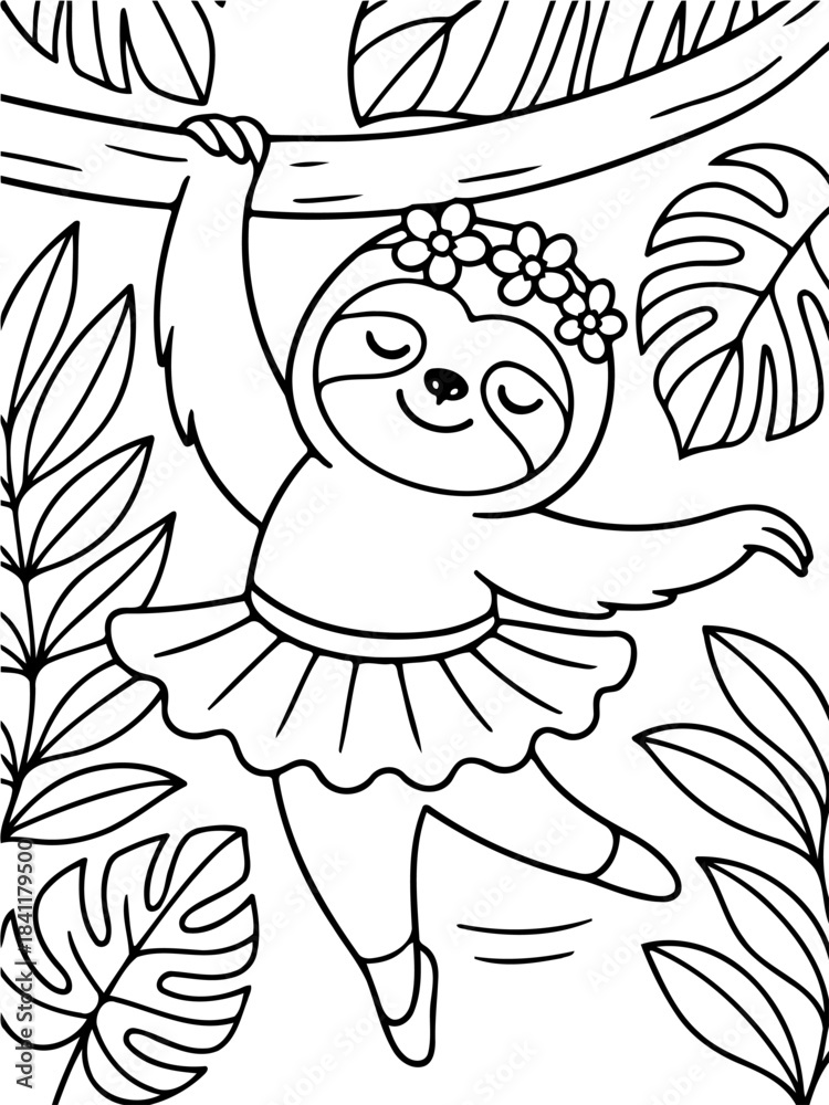 Obraz premium Dancing Sloth: An adorable sloth gracefully hangs from a branch, adorned in a tutu, captivating with its whimsical dance amidst lush foliage.