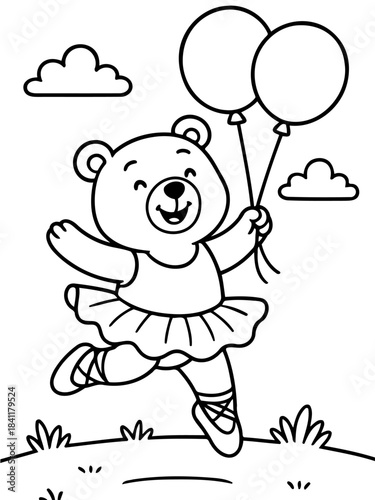 Joyful Bear Ballerina: A charming bear, attired as a ballerina, gracefully dances with buoyant balloons against a playful backdrop.