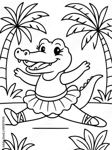 Dancing Crocodile's Grace: A delightful illustration of a charming crocodile, adorned in a tutu, gracefully executing a dance pose amidst palm trees, exuding joy and artistic flair.
