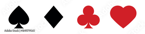 Four playing card suits icons set featuring a black spade and diamond and a red club and heart arranged horizontally in a clean, minimalist graphic design style