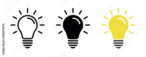 Set of three light bulb icons in outline, solid black silhouette, and yellow color styles, representing concepts of idea, creativity, and innovation