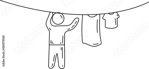 Minimalist line drawing of a person hanging wet laundry on a clothesline to dry, illustrating a domestic chore with a simple black and white icon style