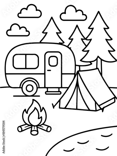 Camping Adventure Line Drawing: A charming camping scene, featuring a cozy tent and a vintage trailer parked under the shelter of trees, with a campfire blazing nearby, all rendered in simple lines. 