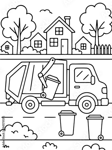 Community Waste Management: A charming line-art illustration showcases a vibrant community, featuring a robust garbage truck diligently collecting waste from stylish houses.
