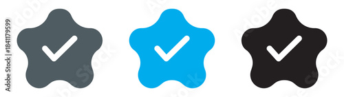 Verified badge icon set with checkmarks inside a fluid, star-like shape, featuring blue, black, and grey color variations for representing authenticity, success, and approval