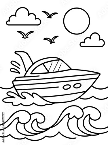 Ocean Adventure: A delightful monochrome illustration captures a sleek motorboat navigating the gentle waves of the ocean, accompanied by soaring seagulls and a radiant sun.