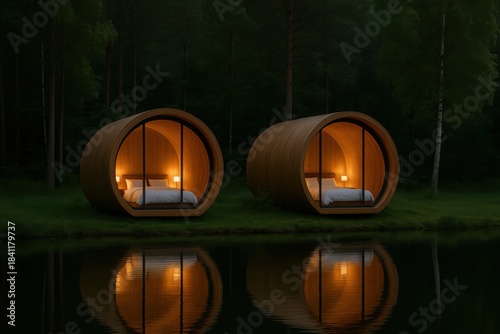 Cozy Cabin Pods by the Lake: Two unique cabin pods, reminiscent of barrels, glow warmly with interior lights, inviting a sense of tranquility and respite amid a serene lake setting. 