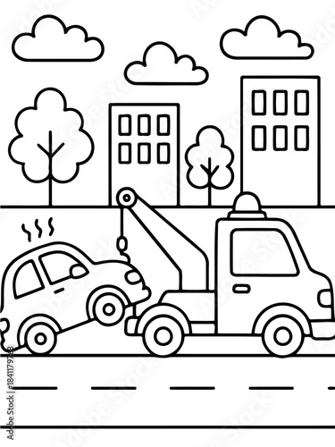 Tow Truck and Broken Car: A tow truck is towing a broken car on a city street, depicting roadside assistance and the challenges of urban driving.