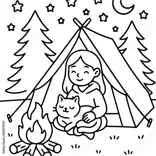 Campfire Comfort: An adorable child and beloved cat nestled beside a crackling campfire, framed by a cozy tent and a star-studded sky. A charming illustration of adventure and contentment.
