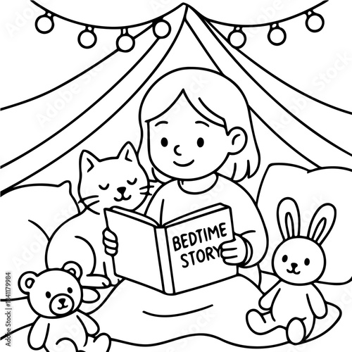 Enchanting Bedtime Tale: A little girl is immersed in a bedtime story with her feline companion and beloved stuffed animal friends, bathed in the soft glow of fairy lights.