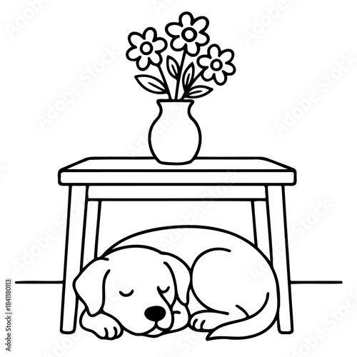 Cozy Canine Nap: A serene moment captured as a sleeping puppy finds solace beneath a table, a vase of delicate flowers resting peacefully above.