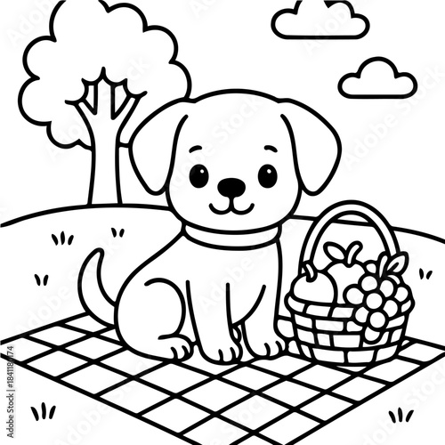 Puppy's Picnic Paradise: A cheerful puppy with a playful demeanor enjoys a picnic basket filled with fruits on a checkered blanket under a large tree, depicting simple joy and delightful scene
