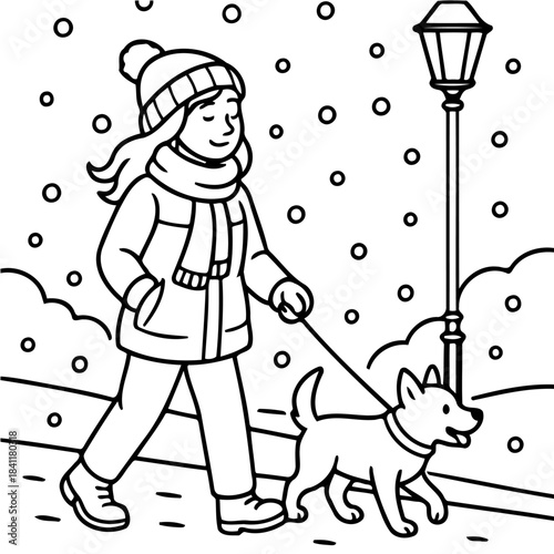Winter Walk with Companion: A person strolls joyfully through a winter wonderland, the landscape adorned by gentle snowfall, accompanied by their loyal canine friend