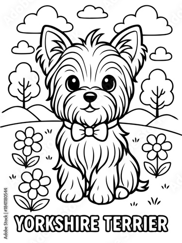 Yorkshire Terrier illustration: A charming illustration of a Yorkshire Terrier, the playful pup is set against a simple backdrop of rolling hills, trees, and whimsical flowers. 