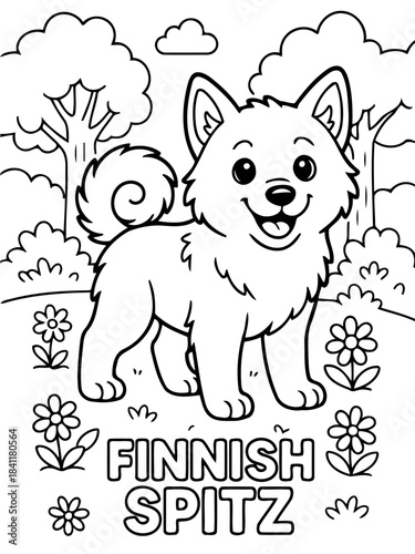 Finnish Spitz: An artistic line drawing, bringing to life a charming Finnish Spitz dog amidst a serene garden landscape.