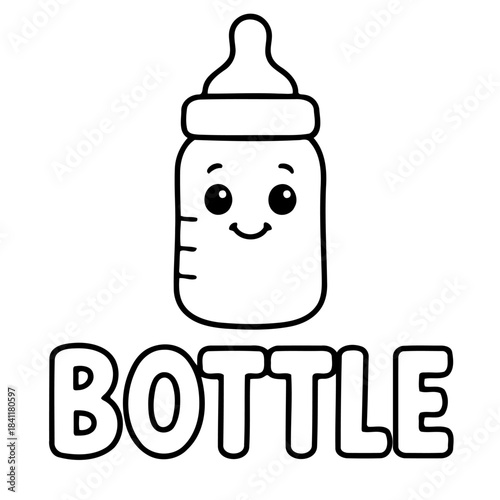Animated Baby Bottle: A cute and smiling baby bottle with the word BOTTLE below, perfect for educational materials and children's content.