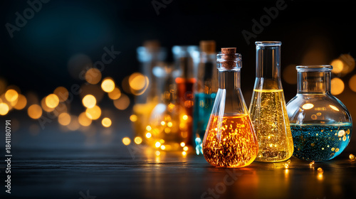 Golden 2026 year in science laboratory with colorful chemical liquids and bokeh lights, future research visualization, laboratory celebration, scientific milestone, new year innova