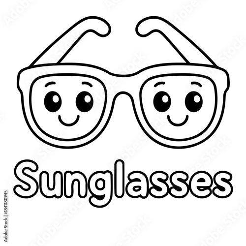 Smiling Sunglasses Cartoon: A cheerful illustration of sunglasses with happy face features, radiating positivity and playfulness.