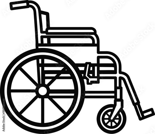 Modern outline illustration of a wheelchair, a medical mobility aid for disabled individuals, isolated on white