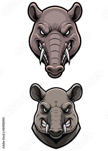 Two cartoon warthog heads with sharp tusks and aggressive expressions on a white background.