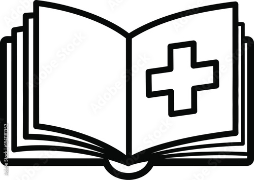Open medical book with a plus symbol on a white background, symbolizing health and knowledge