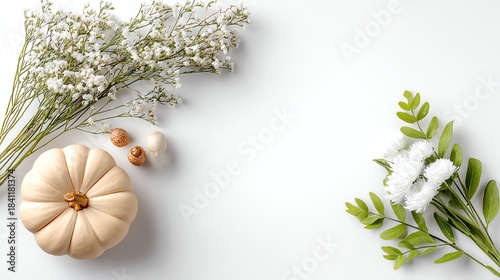 A minimalist arrangement featuring a white pumpkin, delicate flowers, and natural elements, showcasing a calm and elegant aesthetic.