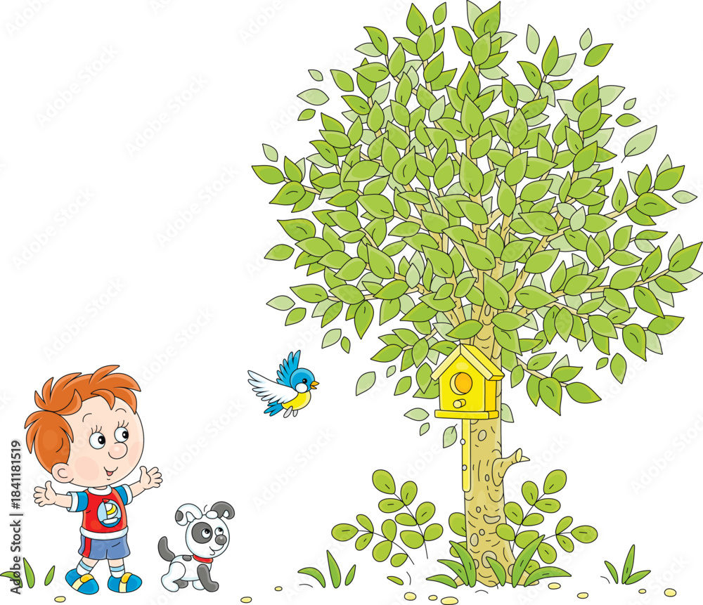 Φωτογραφία Happy little boy with his puppy watching a small bird flying around a wooden hom