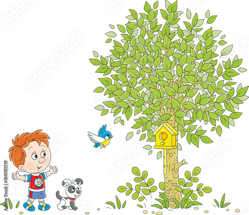 Happy little boy with his puppy watching a small bird flying around a wooden homemade birdhouse in a green park, vector cartoon illustration on a white background