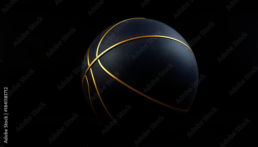 Fototapeta premium Black Basketball with Gold Metallic Line Design on dark Background. Futuristic sports concept. Close-up isolated sphere ball with dots. View front. 3D rendering