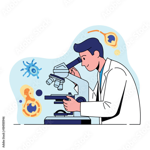 A scientist in a white lab coat examines a specimen through a microscope with Christmas and Happy New Year decorations in the background, conveying a mood of scientific discovery and