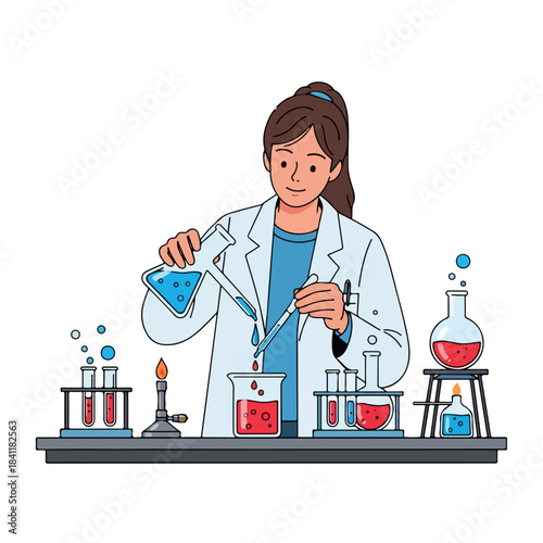 A female scientist in a lab coat pouring liquids from a beaker into a flask on a laboratory counter with various scientific equipment around her on a white background during Christmas and