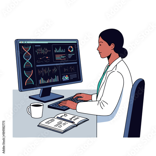 A scientist in a lab coat works on a computer with a genetic data display for Christmas and Happy New Year research in a modern lab setting.