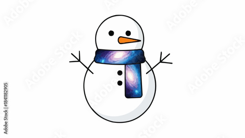 Cute Winter Snowman Illustration Featuring a Cosmic Galaxy Scarf, Perfect for Festive Holiday Season Designs and Decorations